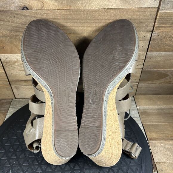 Clarks Cushion Helio Mindin Women's Size 9 M Lace Cork Taupe Wedge Sandal Heels - Picture 9 of 10